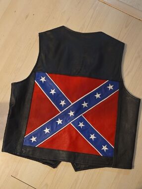 Black Leather Vest with Red & Blue Back Panel